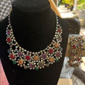 Leru vintage flower rhinestone necklace matching bracelet